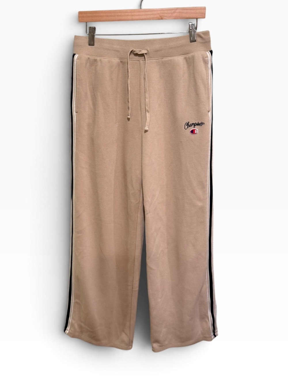 Champion Tan Wide Leg Track Pants Side Stripe Drawstring Sweatpants Sz M